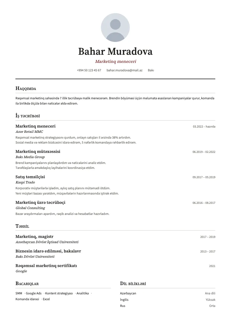 Akademik CV şablonu — nümunə CV
