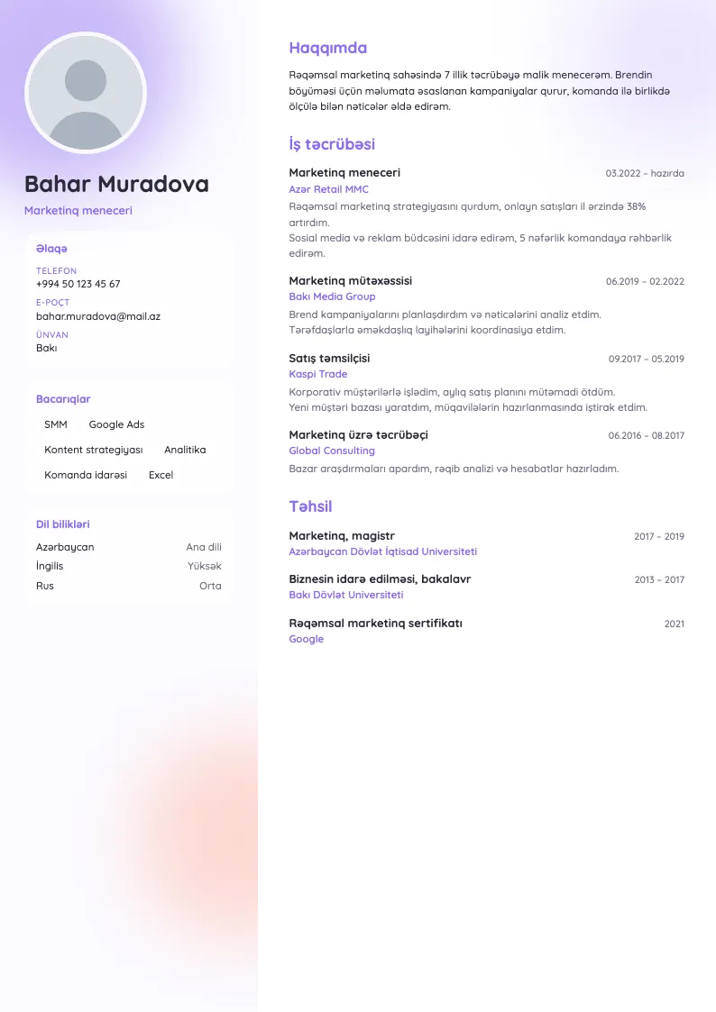 Akvarel CV şablonu — nümunə CV
