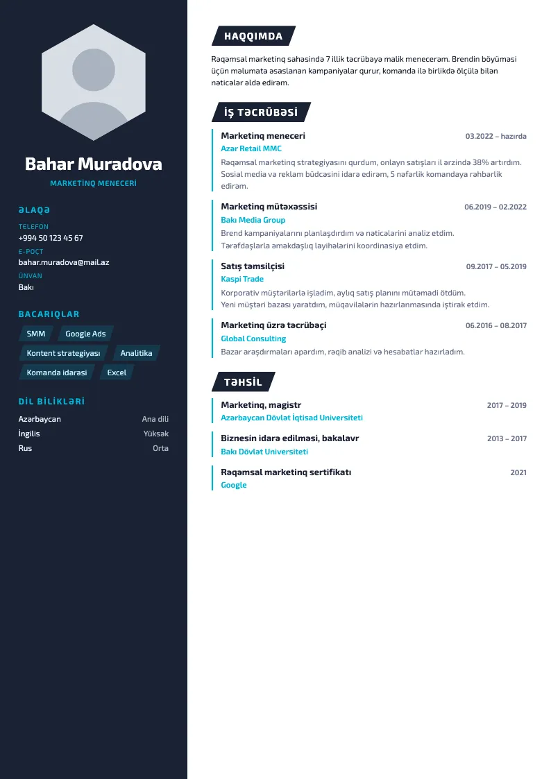 Altıbucaq CV şablonu — nümunə CV