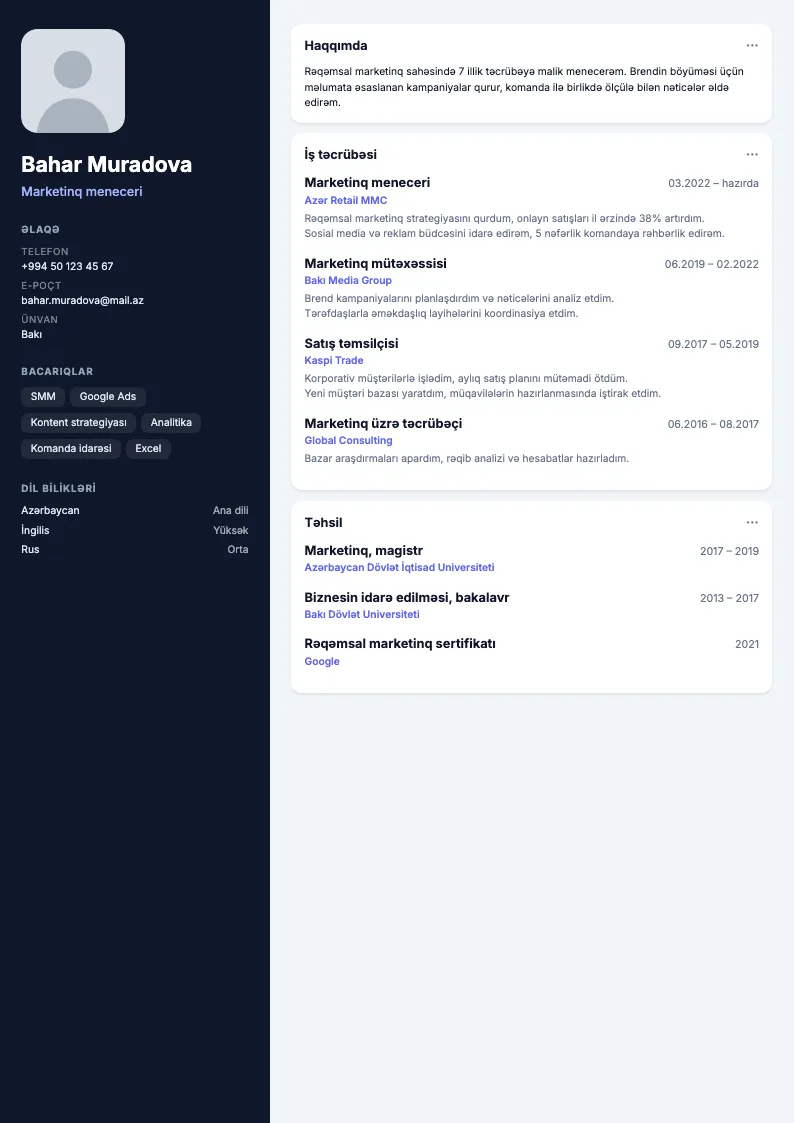 Dashboard CV şablonu — nümunə CV