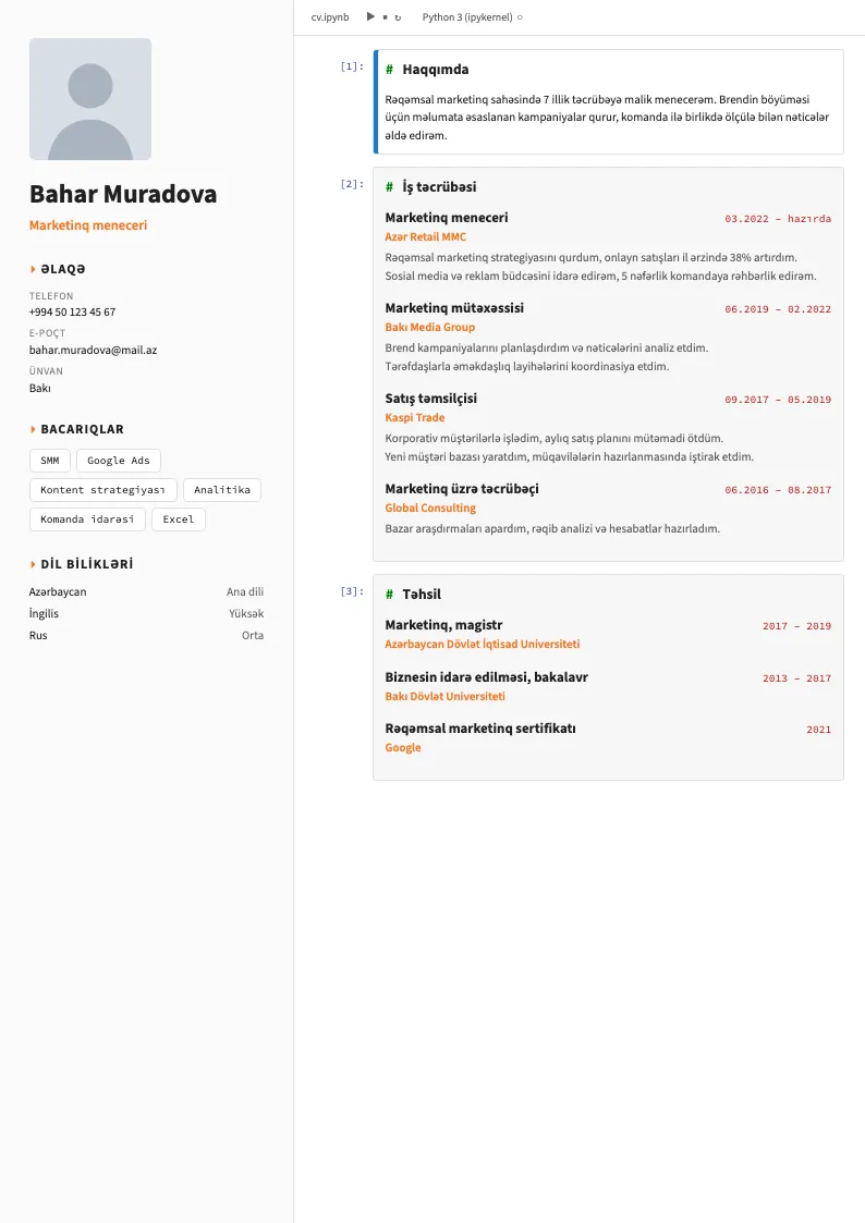 Jupyter CV şablonu — nümunə CV