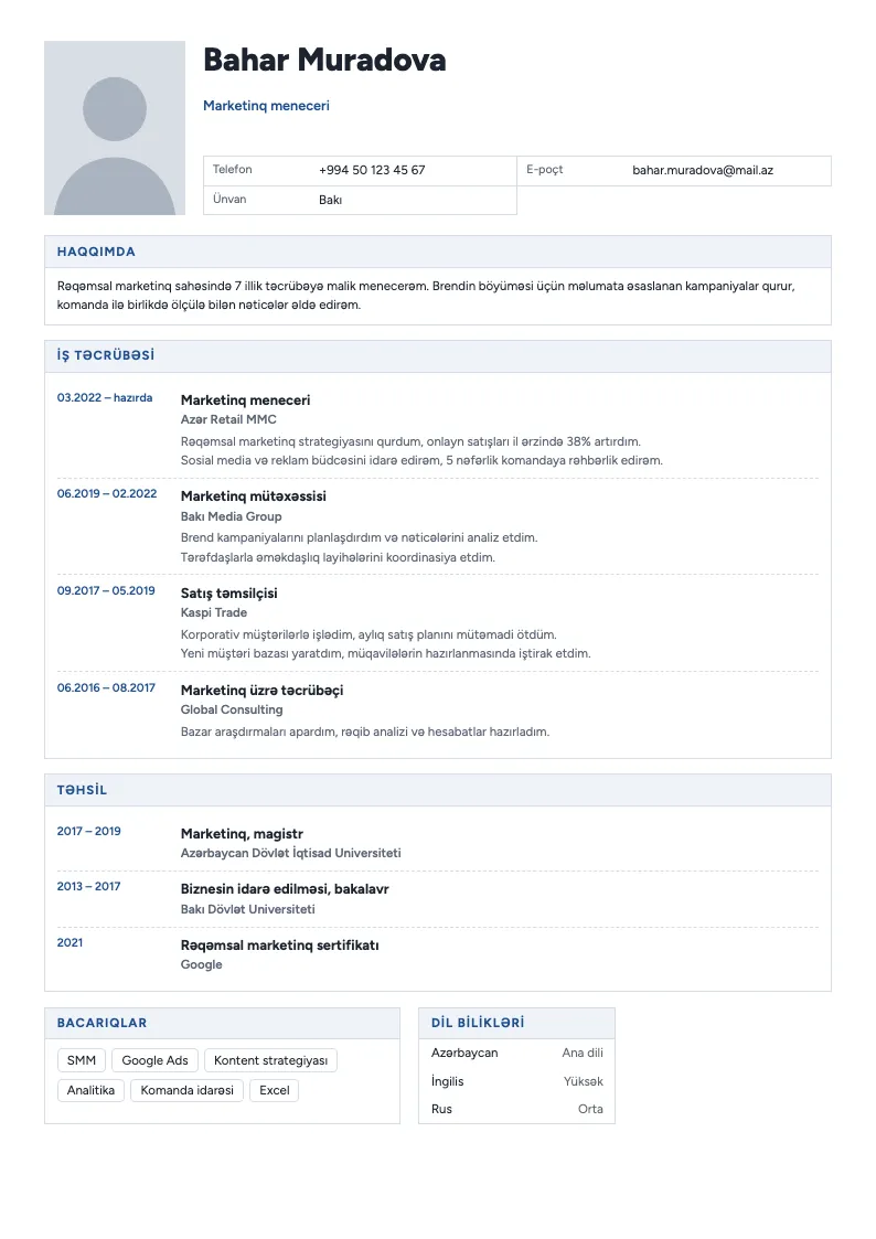 Anket CV şablonu — nümunə CV