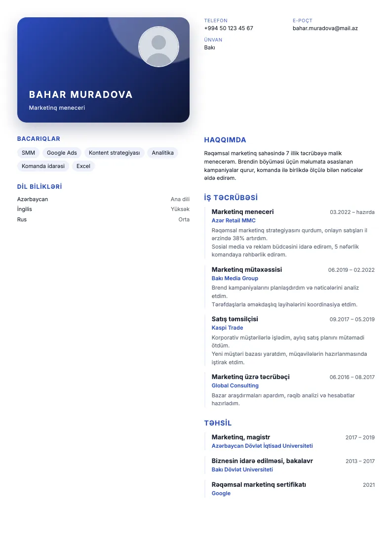 Bank kartı CV şablonu — nümunə CV