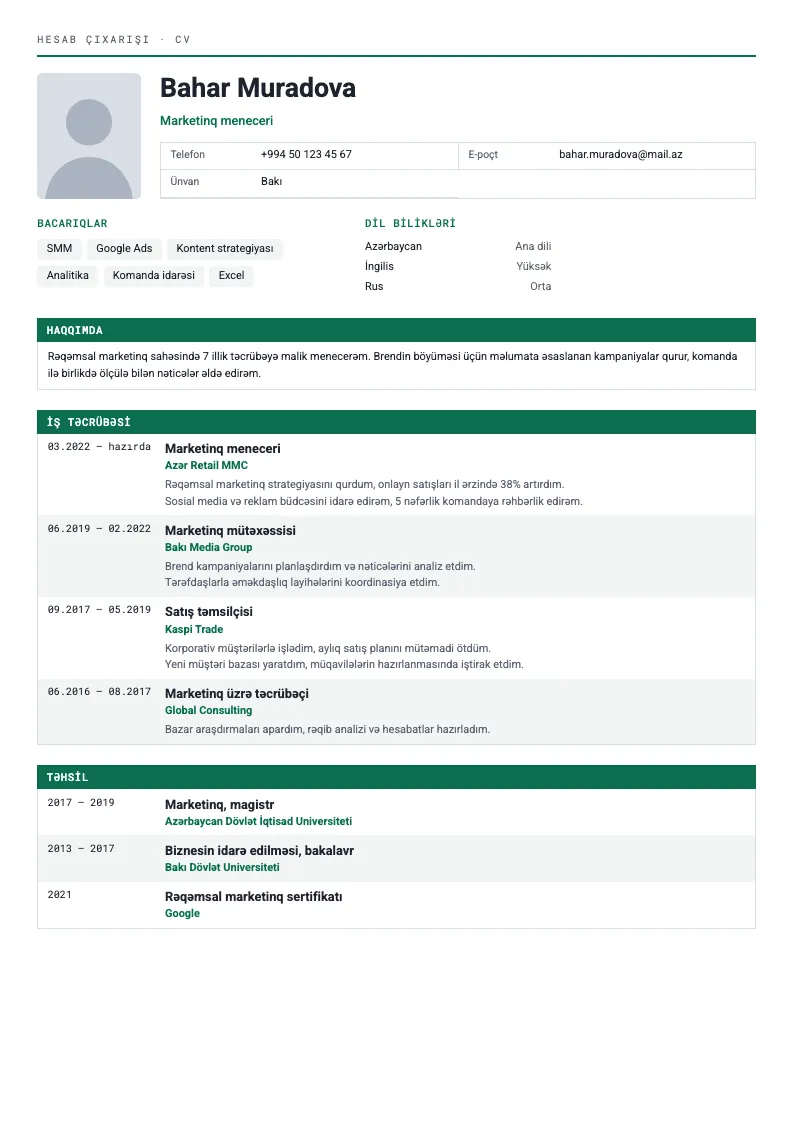 Hesab çıxarışı CV şablonu — nümunə CV