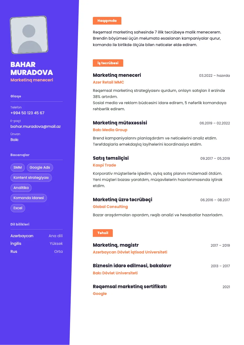Vurğu CV şablonu — nümunə CV
