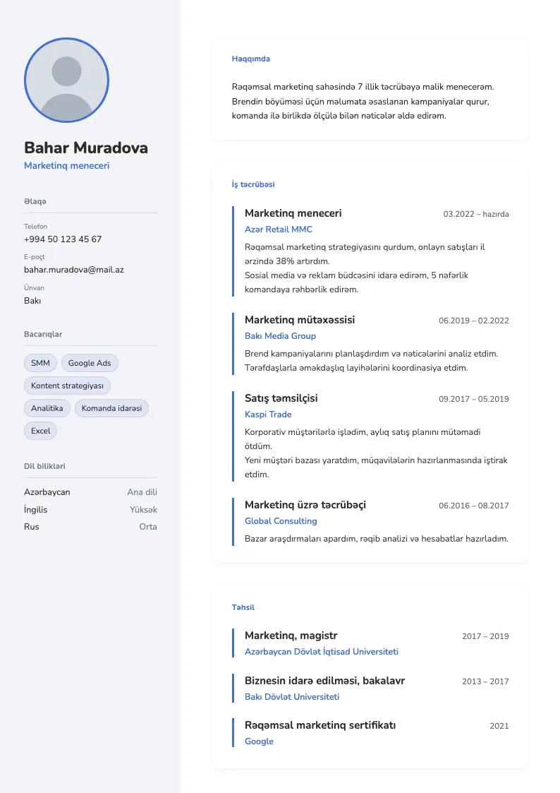 Blok CV şablonu — nümunə CV