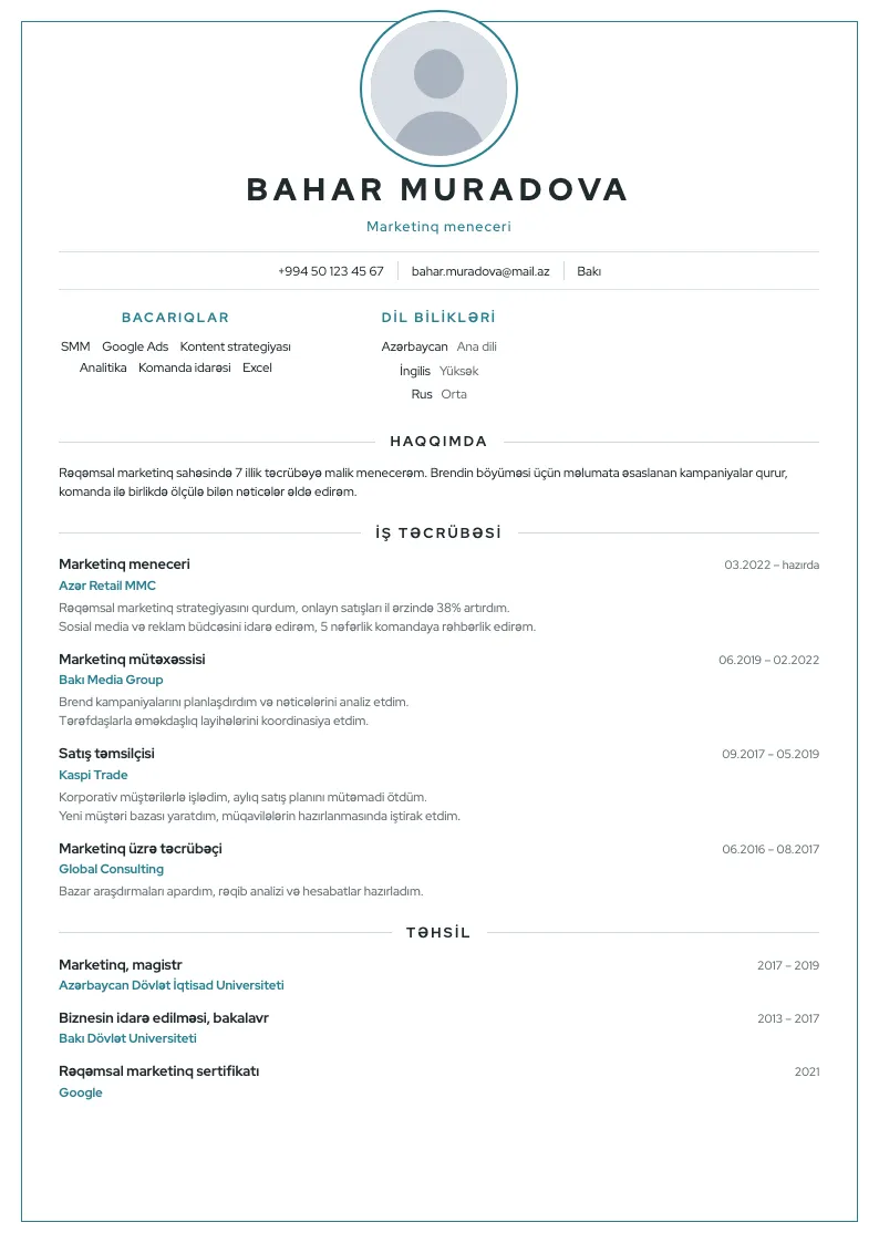 Çərçivə CV şablonu — nümunə CV