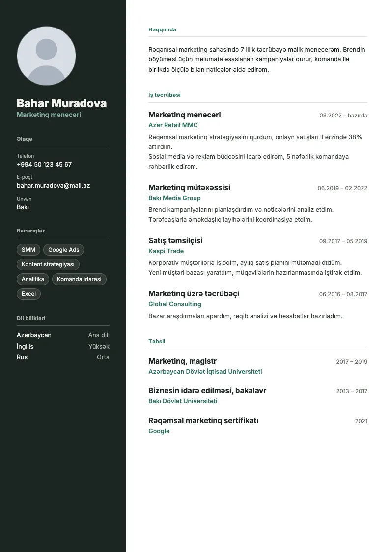 Klassik CV şablonu — nümunə CV