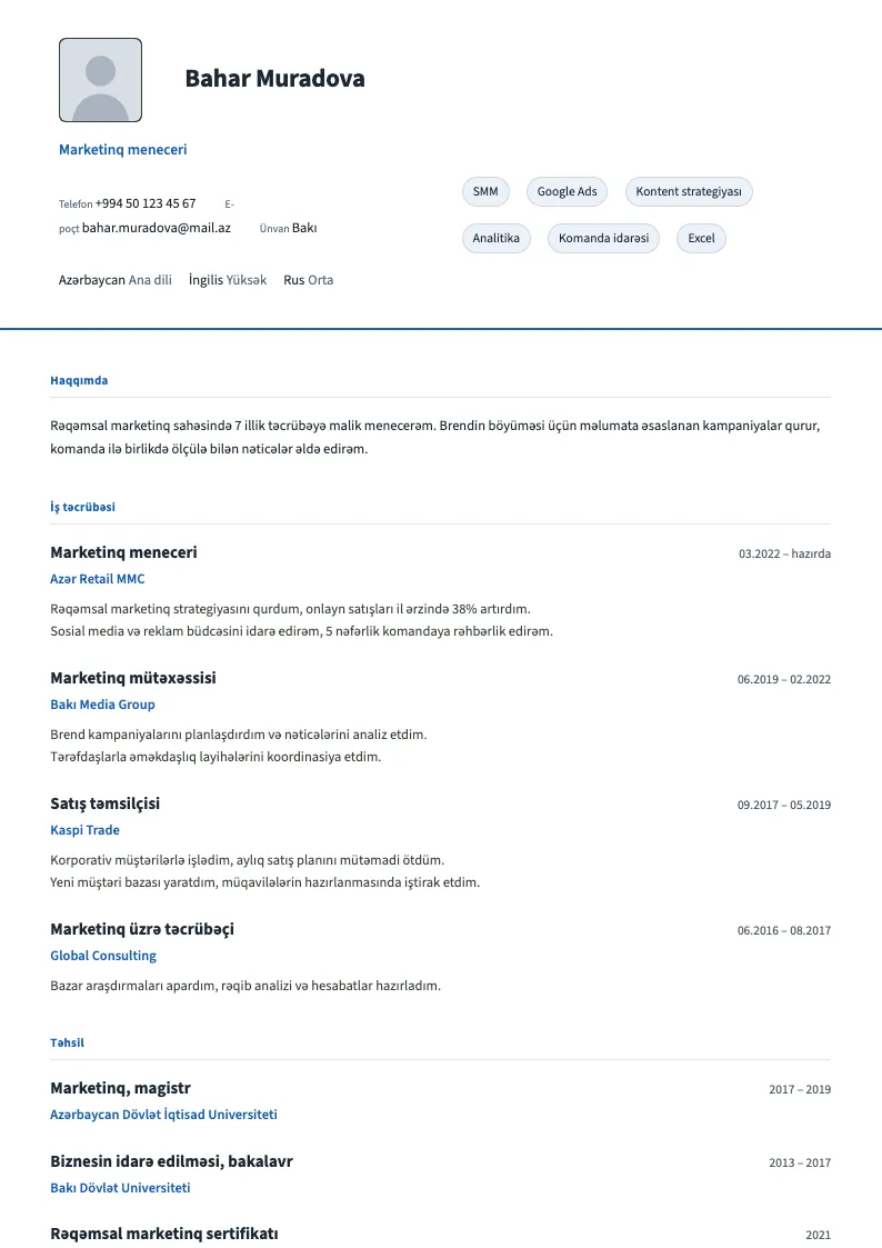 Kompakt CV şablonu — nümunə CV