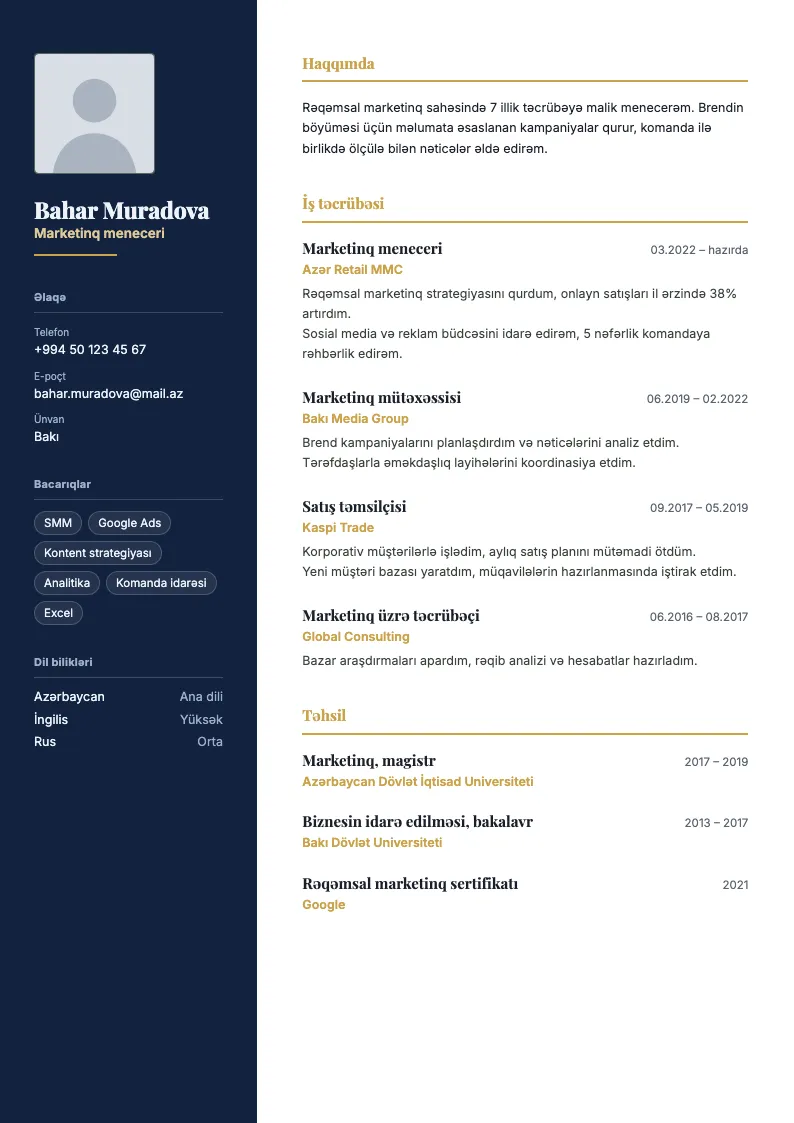 Korporativ CV şablonu — nümunə CV