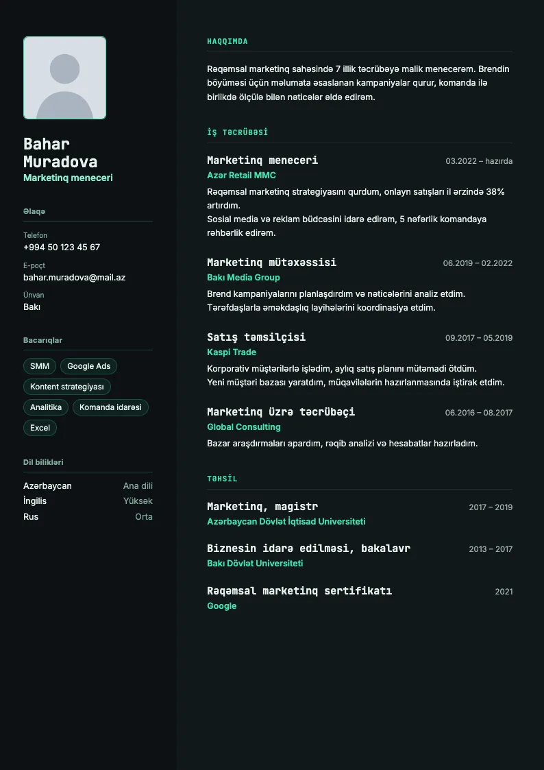 Kölgə CV şablonu — nümunə CV