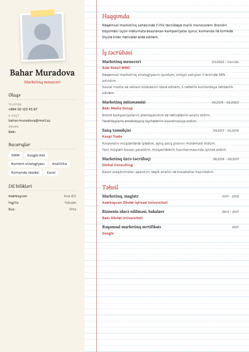Dəftər CV şablonu — nümunə CV