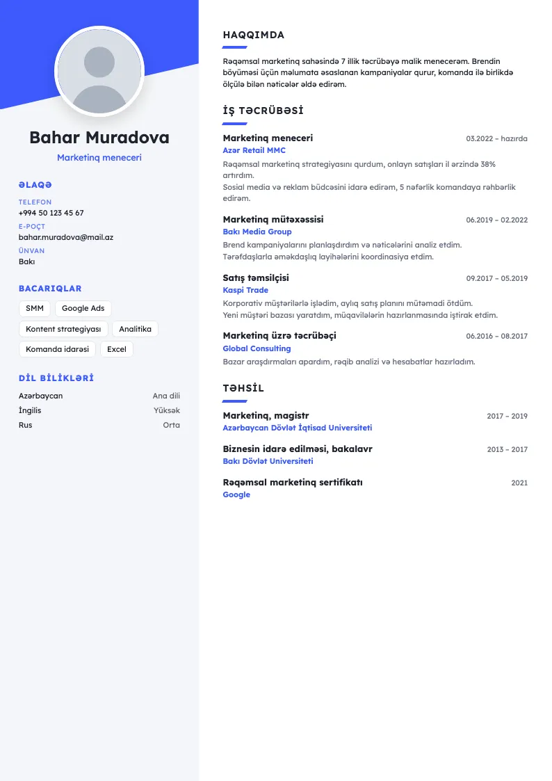 Diaqonal CV şablonu — nümunə CV