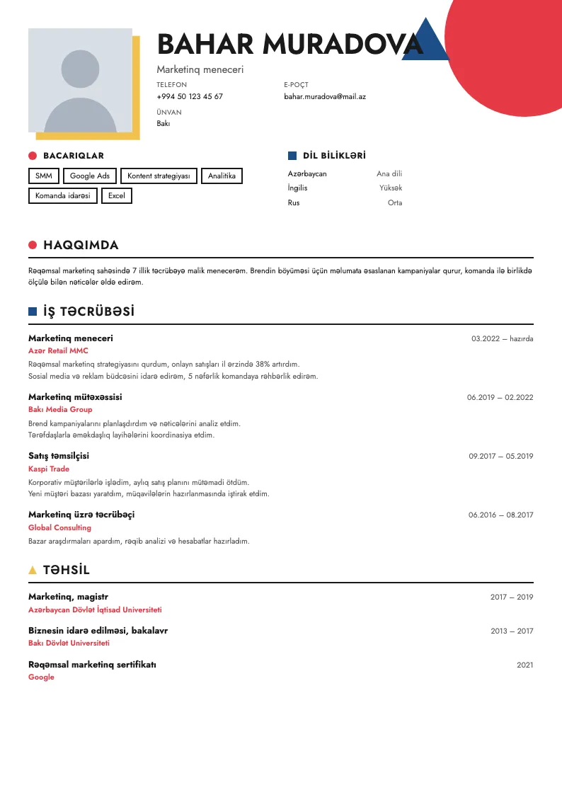 Bauhaus CV şablonu — nümunə CV