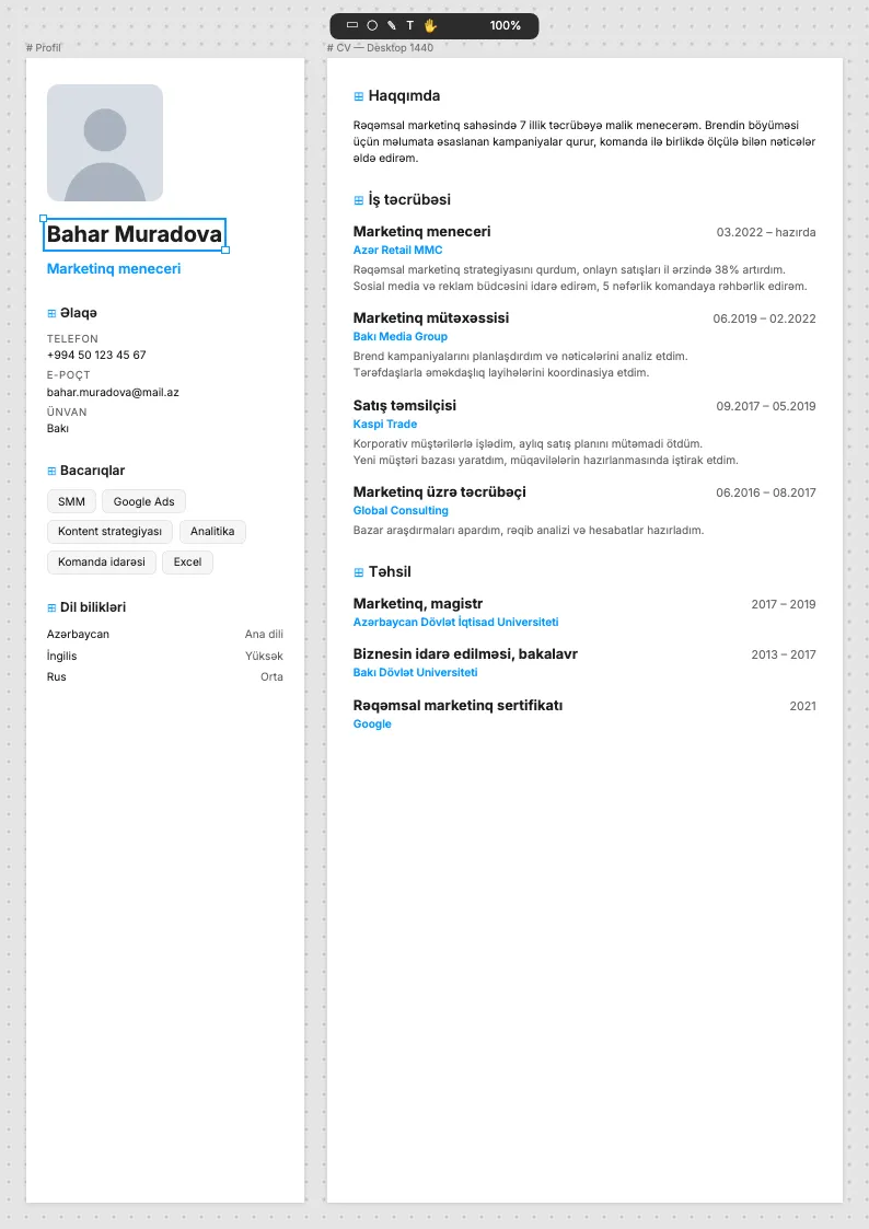 Figma kanvas CV şablonu — nümunə CV