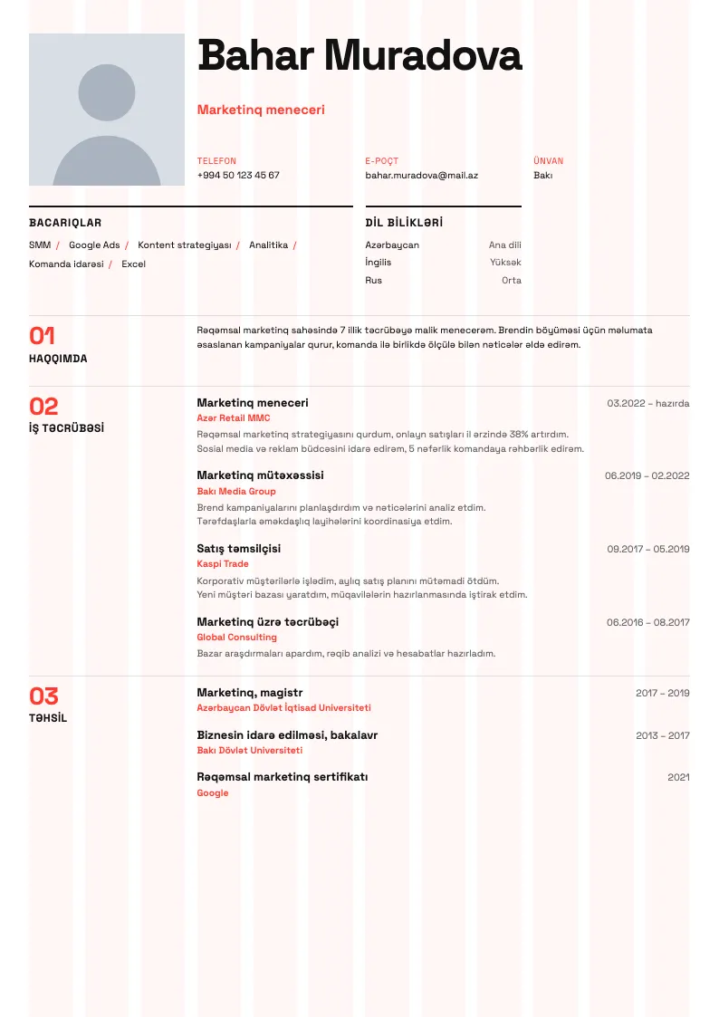 Modul tor CV şablonu — nümunə CV