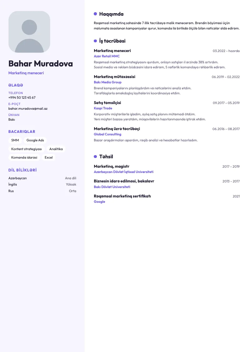 Yumşaq panel CV şablonu — nümunə CV
