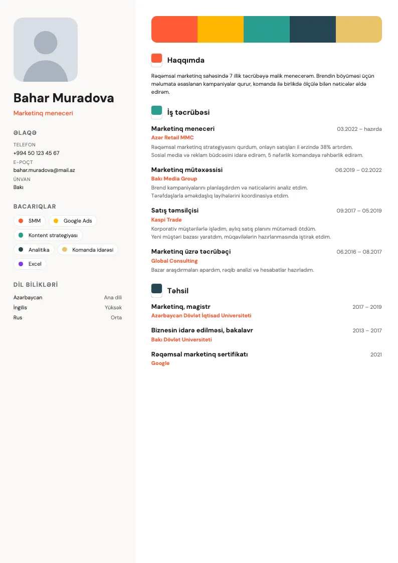 Rəng nümunələri CV şablonu — nümunə CV