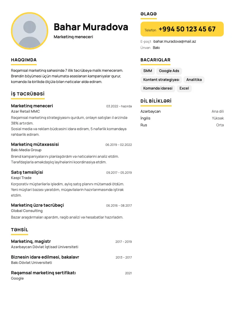 Bir baxışda CV şablonu — nümunə CV