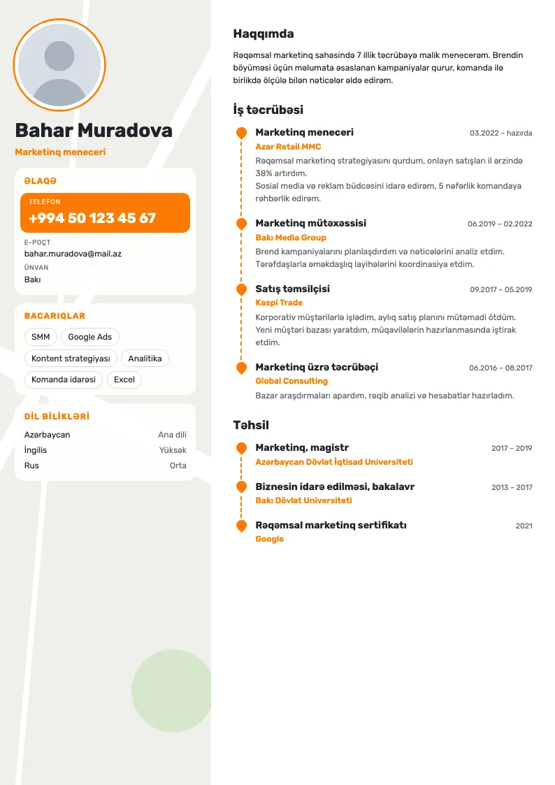 Marşrut CV şablonu — nümunə CV