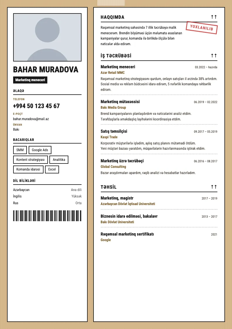 Qutu etiketi CV şablonu — nümunə CV
