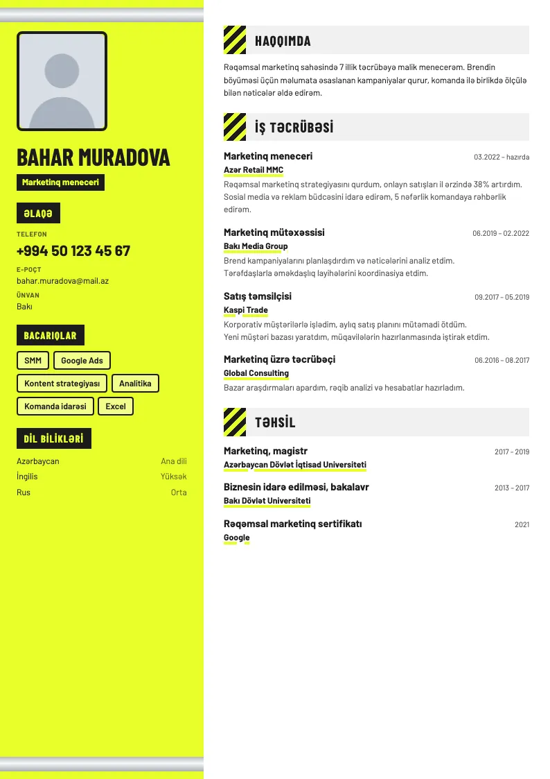 Siqnal jilet CV şablonu — nümunə CV