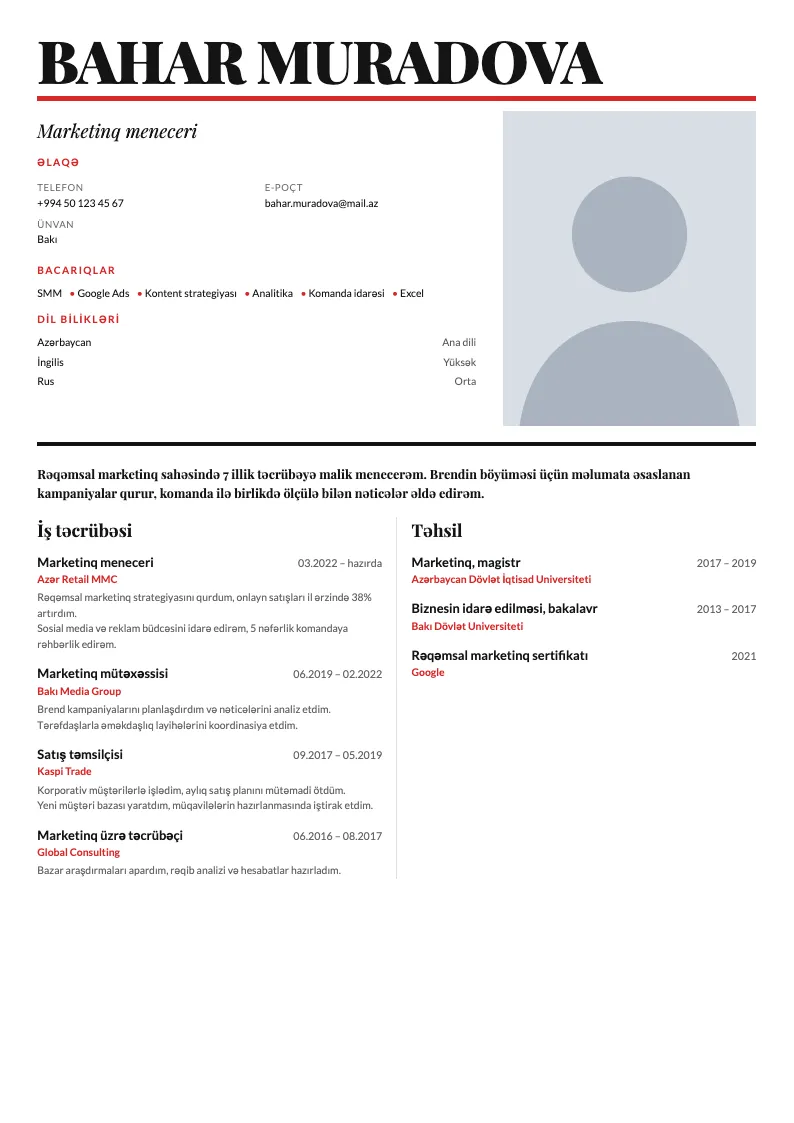 Jurnal örtüyü CV şablonu — nümunə CV