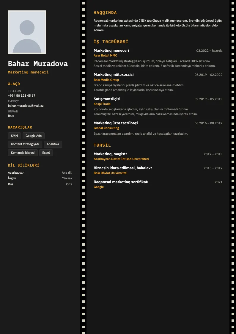 Kontakt vərəqi CV şablonu — nümunə CV