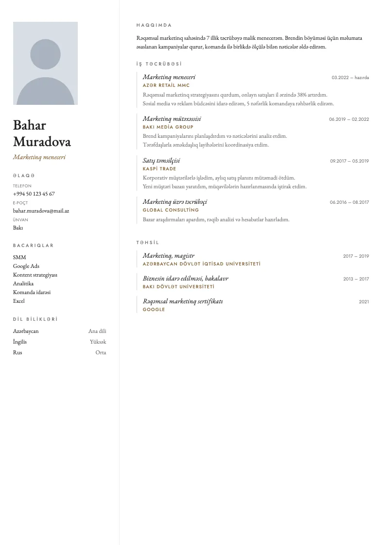 Qalereya CV şablonu — nümunə CV