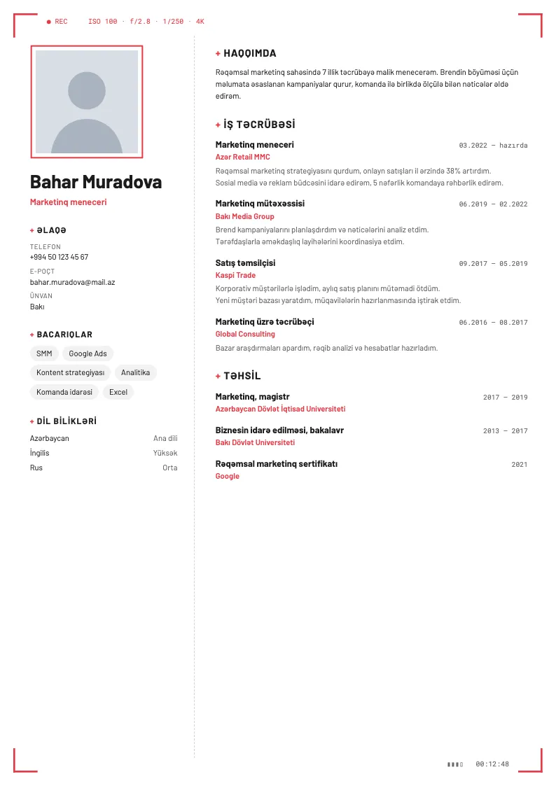 Vizör CV şablonu — nümunə CV