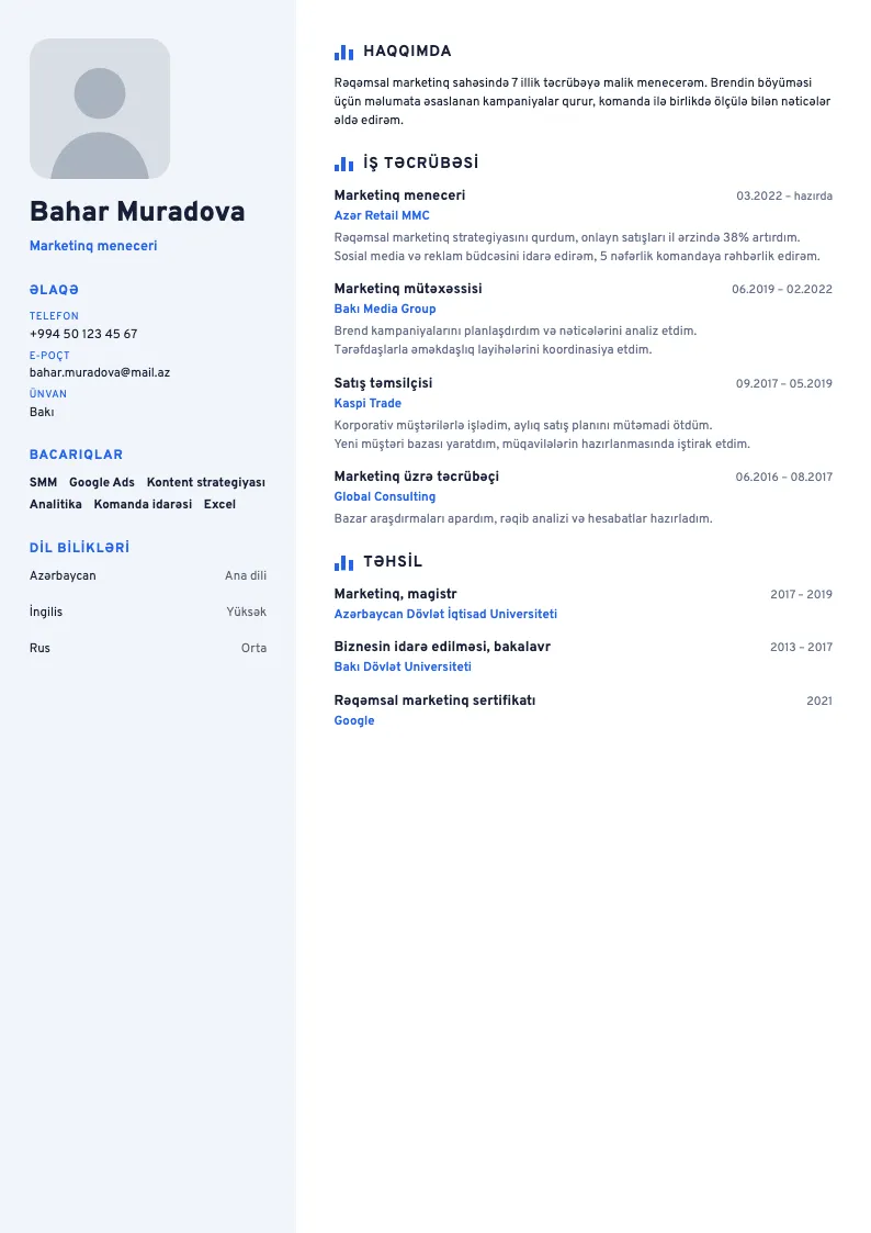 Göstəricilər CV şablonu — nümunə CV