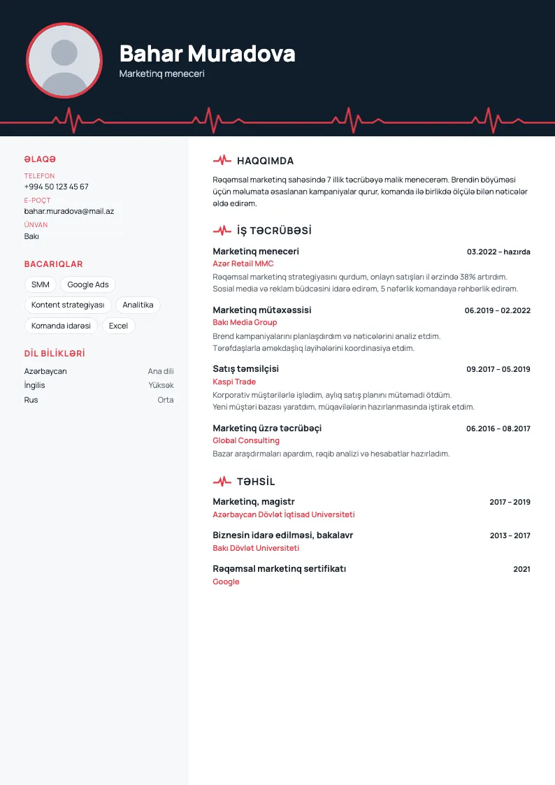 EKQ xətti CV şablonu — nümunə CV
