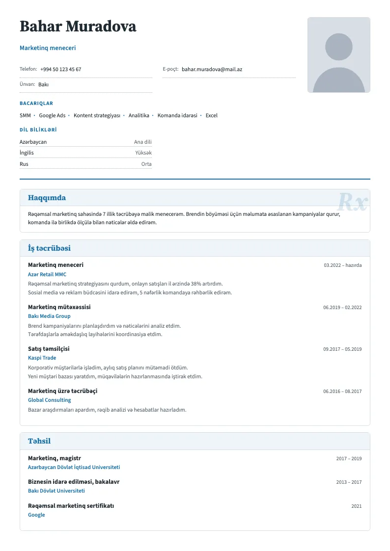 Resept blankı CV şablonu — nümunə CV