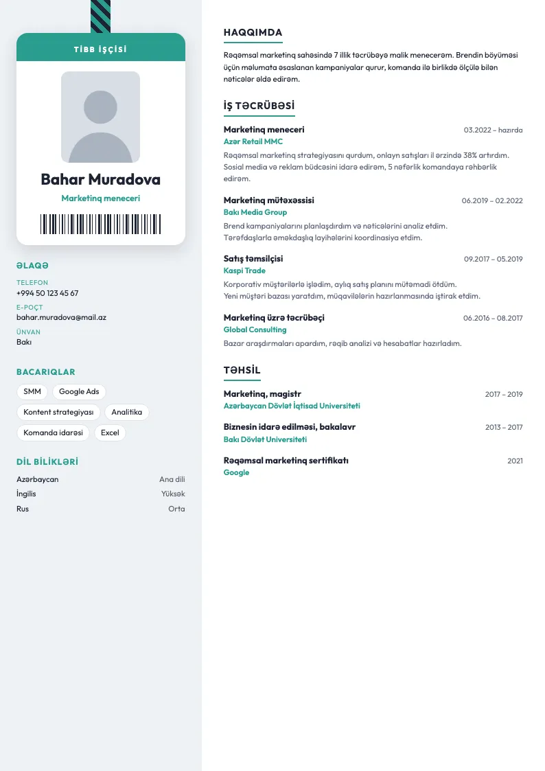 Xəstəxana beyci CV şablonu — nümunə CV