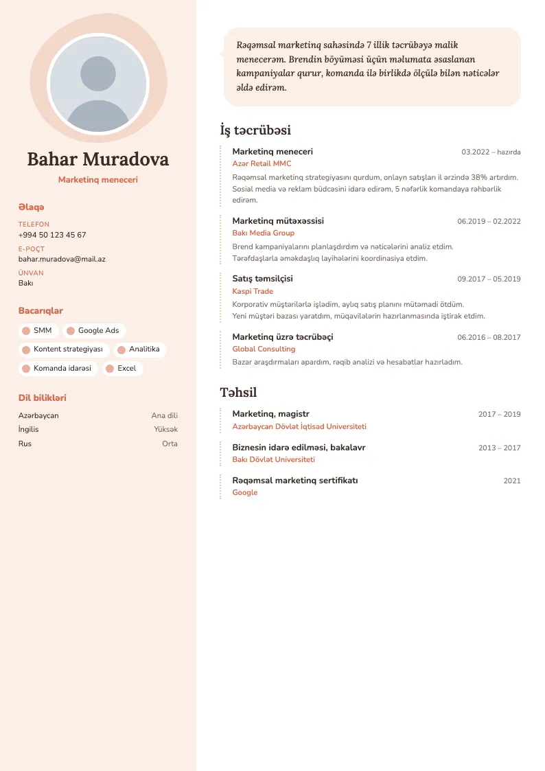 İsti insan CV şablonu — nümunə CV
