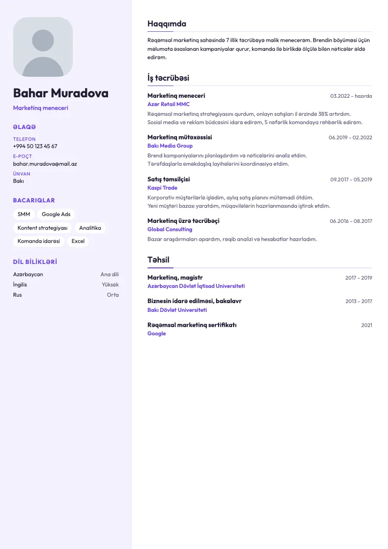 Rekrutinq CV şablonu — nümunə CV