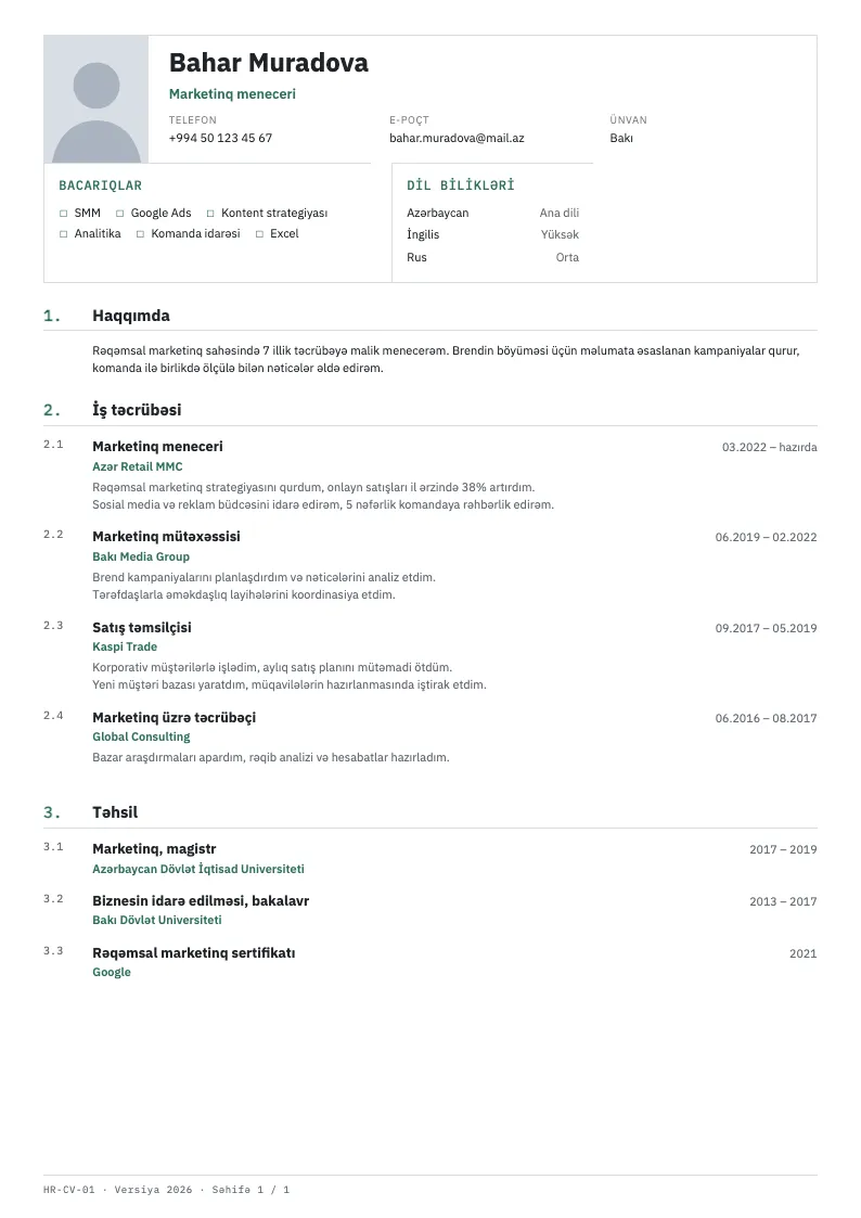 Siyasət sənədi CV şablonu — nümunə CV