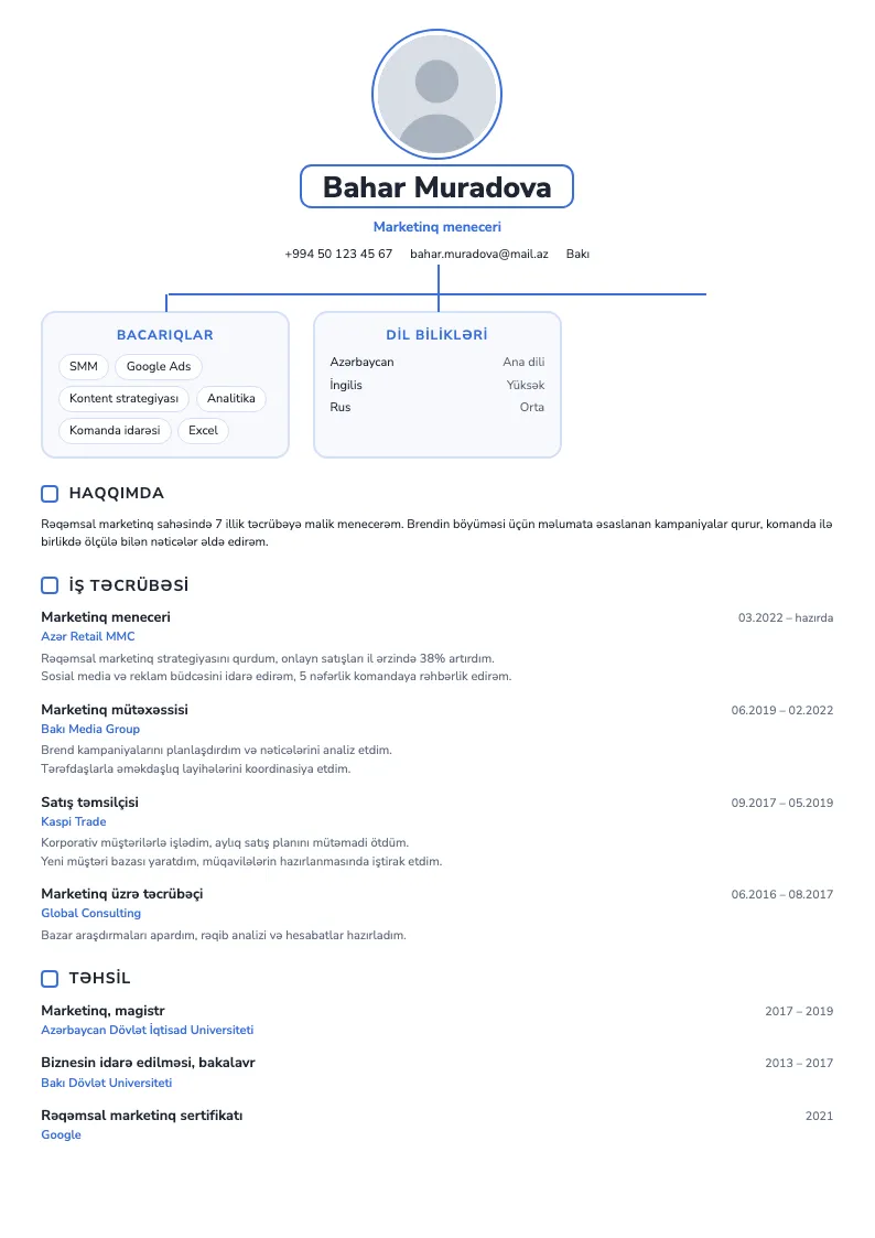 Struktur sxemi CV şablonu — nümunə CV