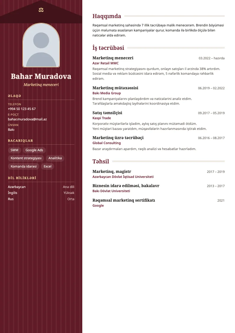 Ədalət sütunu CV şablonu — nümunə CV