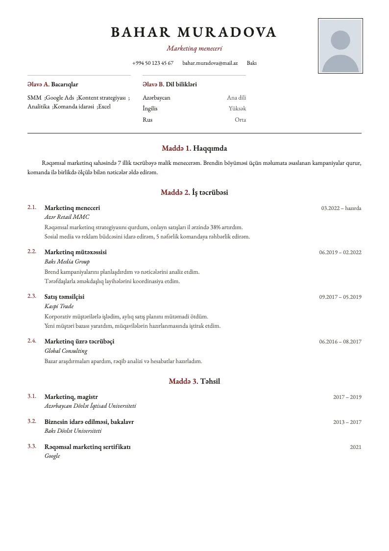 Maddələr CV şablonu — nümunə CV