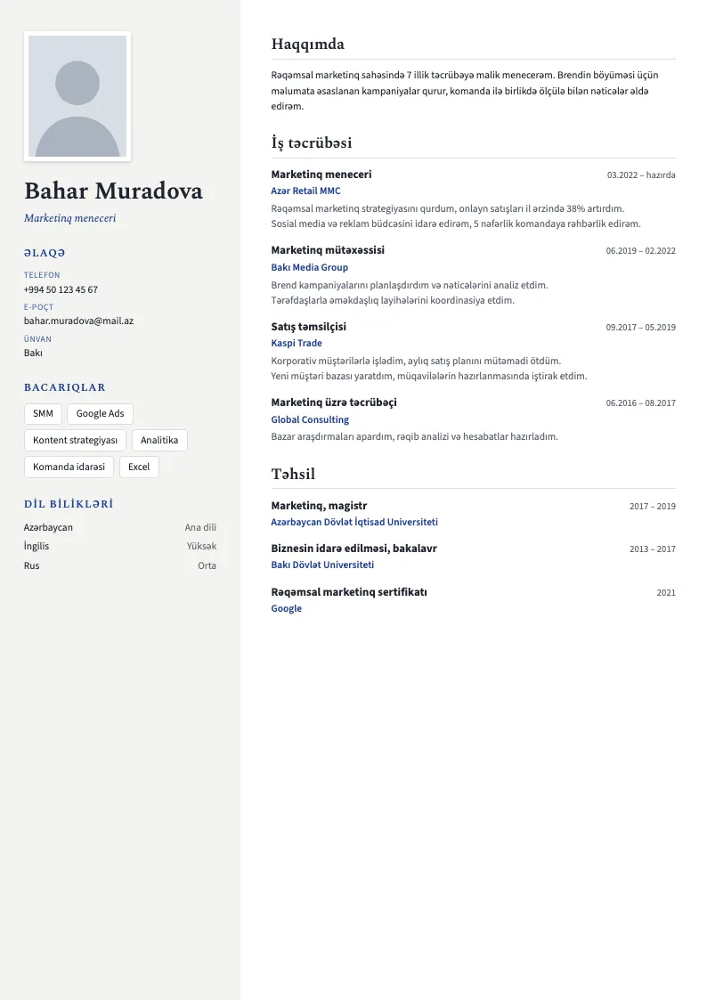 Rəsmi sənəd CV şablonu — nümunə CV