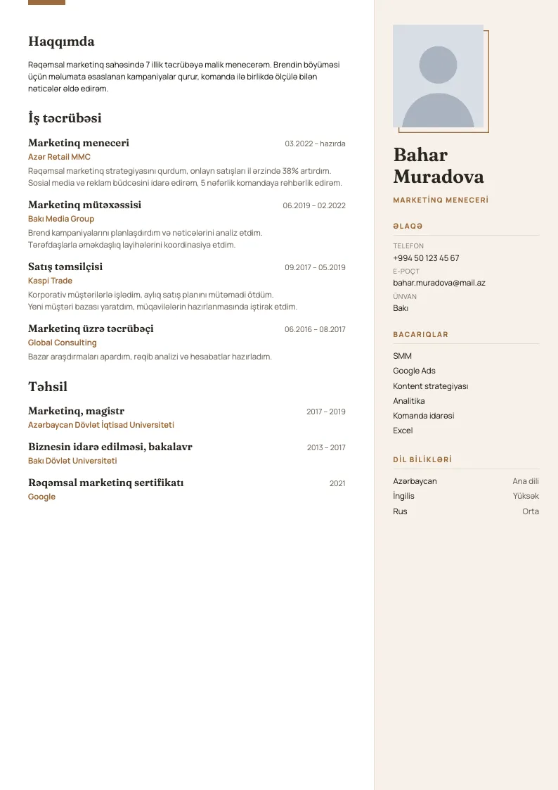 İcraçı CV şablonu — nümunə CV