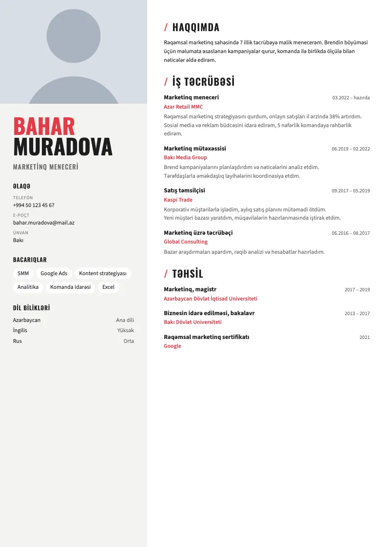 İki ton CV şablonu — nümunə CV