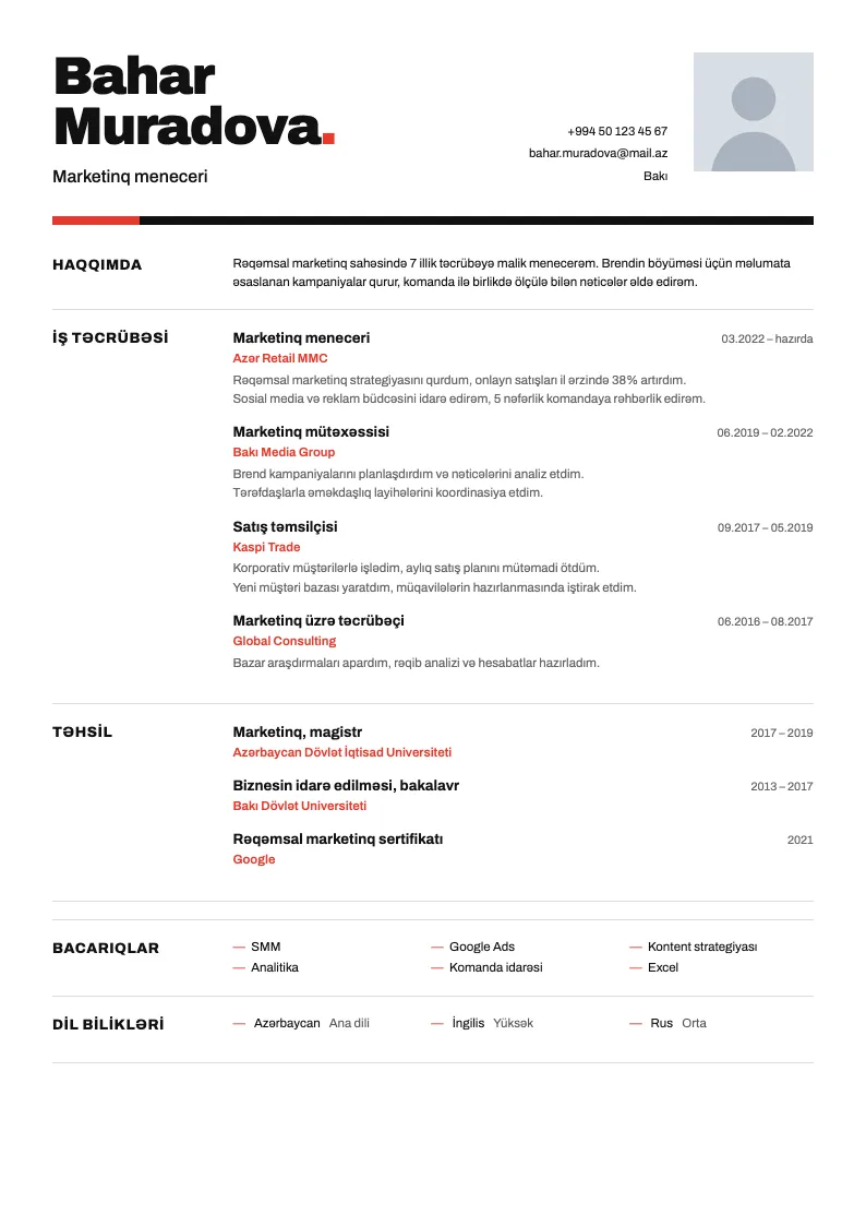 İsveçrə CV şablonu — nümunə CV