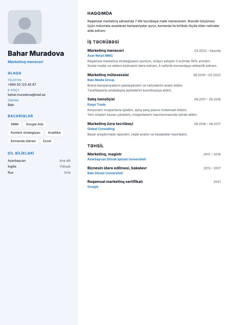 Gantt CV şablonu — nümunə CV