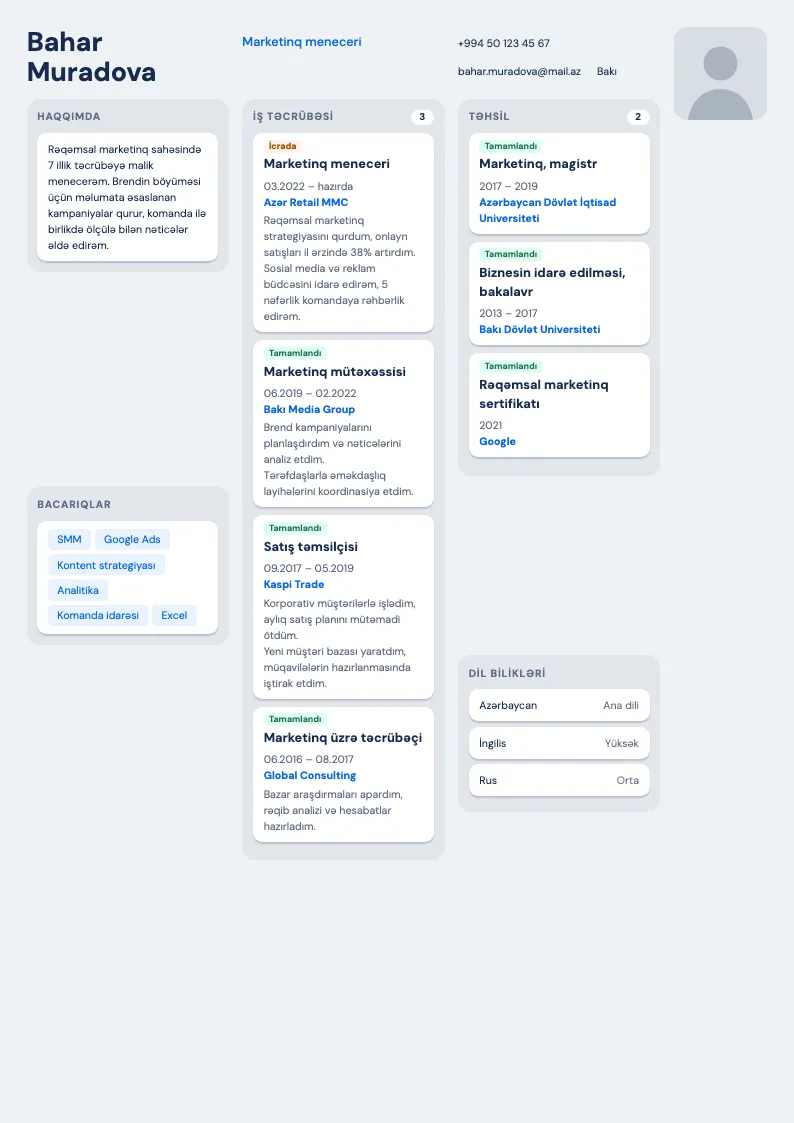 Kanban CV şablonu — nümunə CV