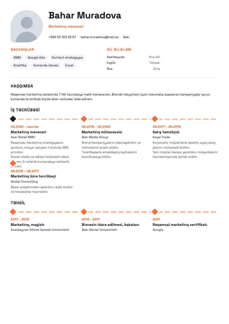 Yol xəritəsi CV şablonu — nümunə CV