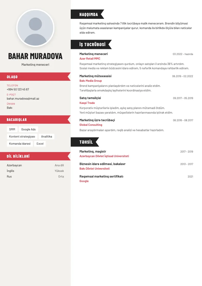 Lent CV şablonu — nümunə CV
