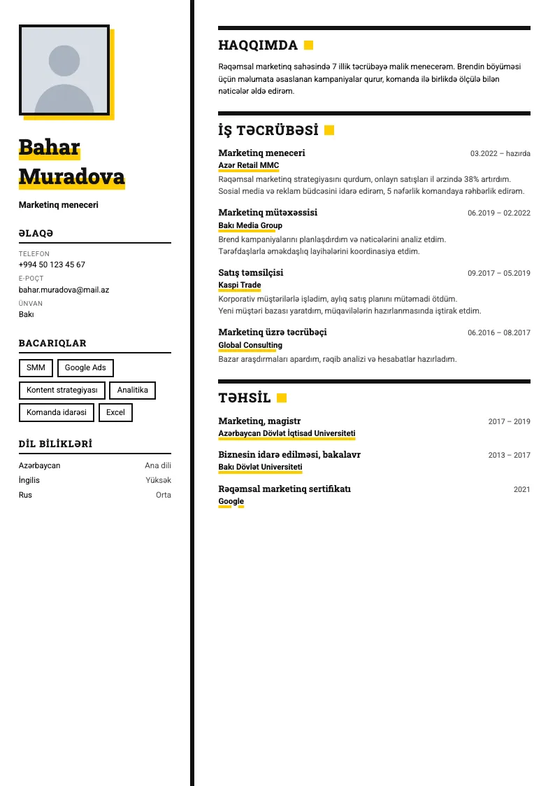 Marker CV şablonu — nümunə CV