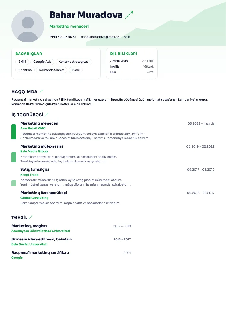 Artım CV şablonu — nümunə CV